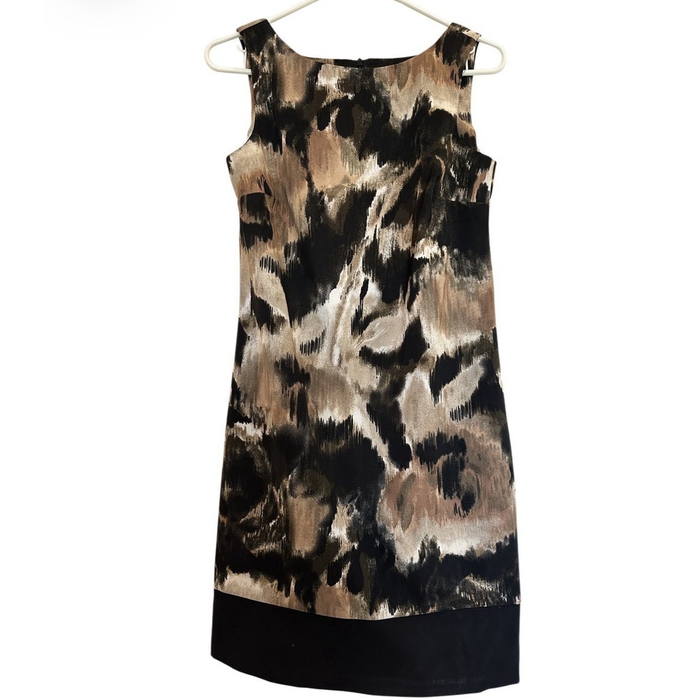 AB Studio Dress Woman 4 Black Tan Sheath Paint Splatter Geometric Formal Office